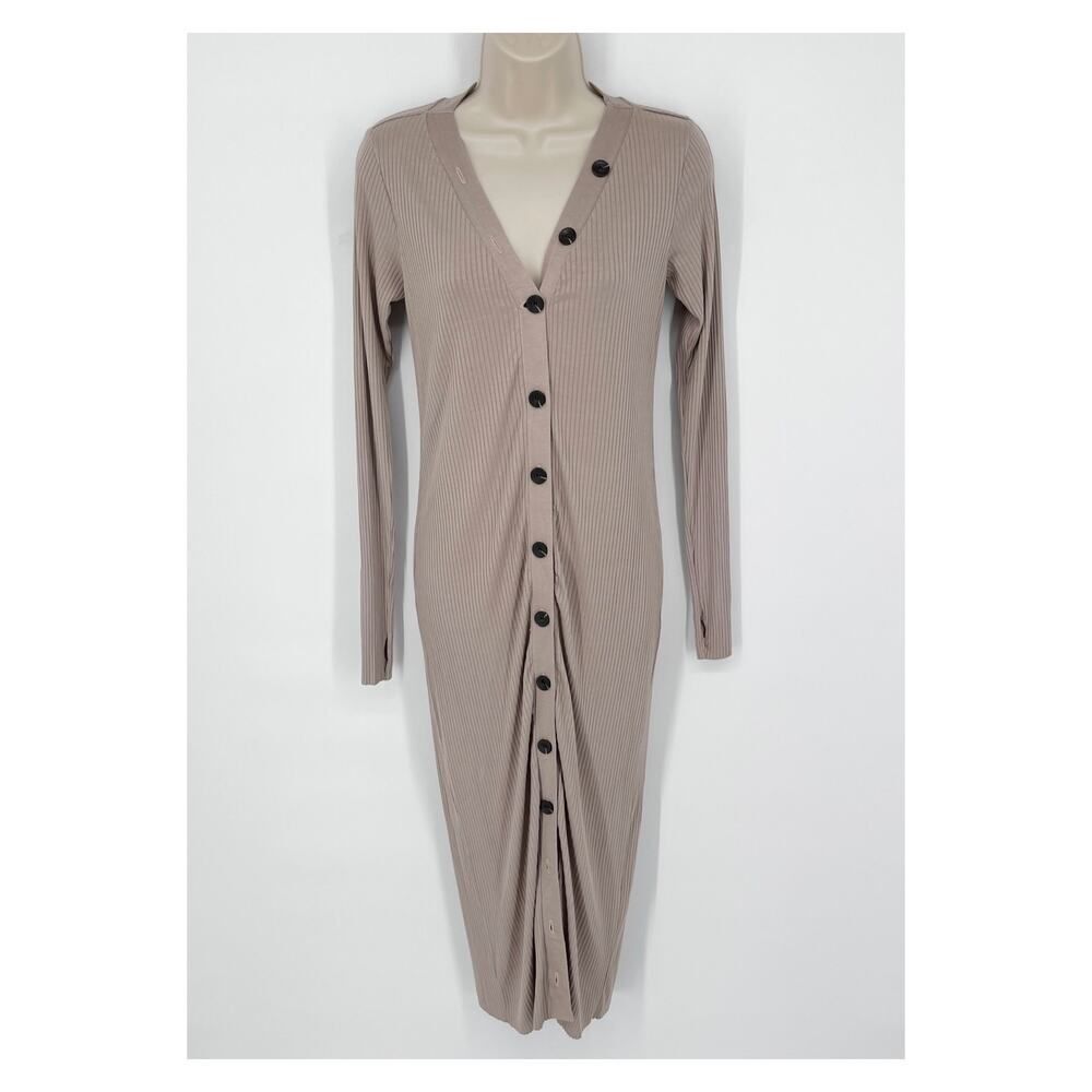 Enza Costa Womens Viscose Rib Cardigan Midi Long Sleeve Dress NEW Sz S Oatmeal